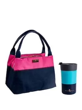 Beau & Elliot 'Colour Block' - New `Handbag Design' Insulated Lunch Tote - Pink/Navy (7 Litre) + Stainless Steel Insulated Travel Mug (300Ml) Aqua/Nav