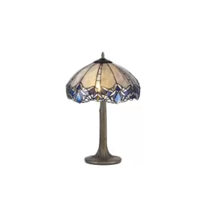 2 Light Tree Like Table Lamp E27 With 40cm Tiffany Shade, Blue, Clear Crystal, Aged Antique Brass