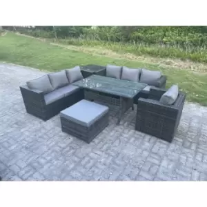 Fimous - 8 Seater Outdoor Lounge Sofa Garden Furniture Set Patio Chair Rattan Rectangular Dining Table with Side Table Big Footstool Dark Grey Mixed
