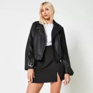 Missguided Boxy Belted Faux Leather Biker Jacket - Black