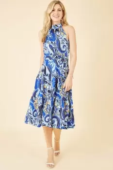 Blue Paisley Floral Halter Neck Midi Dress