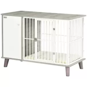 PawHut Dog Crate Furniture, Indoor Pet Kennel Cage, Top End Table w/ Soft Cushion, Lockable Door, for Small Dogs, 98 x 48 x 70.5cm - Grey