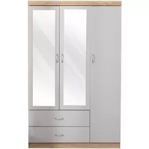 Hmd Furniture - Wooden Mirrored Wardrobe with 3 Doors and 2 Drawers, Hanging Rail and Space Saving for Bedroom Furniture,114x51x182.5cm(WxDxH) - Grey