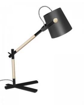 Table Task Lamp with Black Shade 1 Light E27, Matt Black, Beech with Black Shade