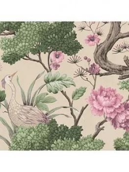 Woodchip & Magnolia Crane Bird Rose Pink Cream Wallpaper