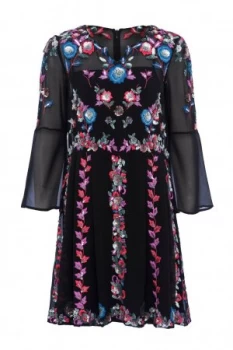 French Connection Edith Floral Bell Sleeve Flared Dress Black Multi