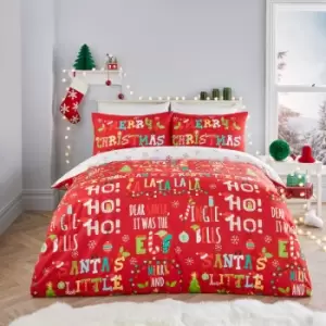 Christmas Santa's Little Helper Cotton Rich Reversible Duvet Cover Set, Red, Single - Fusion