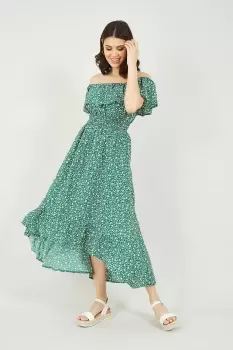 Green Ditsy Daisy Printed Dipped Hem Bardot Dress