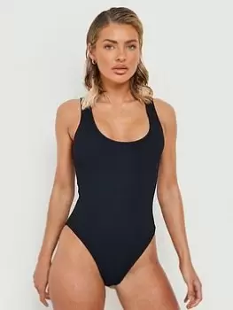Boohoo Crinkle Scoop Swimsuit - Black, Size 12, Women