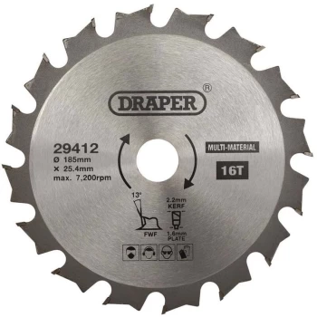 Draper - 29412 TCT Multi Purpose Circular Saw Blade 185 x 25.4mm 16T