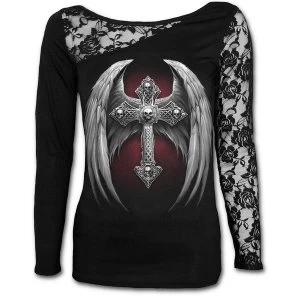 Absolution Womens Large Long Sleeve Lace One Shoulder Top Black Tops - Black