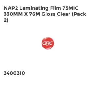 GBC NAP2 Laminating Film 75mic 330mm x 76m Gloss Clear Pack 2