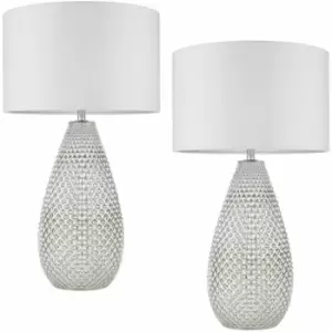 2 PACK Modern Textured Table Lamp Chrome Glass Base & White Shade Bedside Light