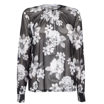 Linea Printed Mesh Top with Shirring Cuff Detail - Flower Print