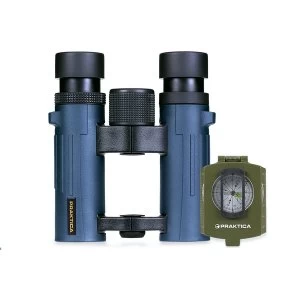 PRAKTICA Pioneer 10x26mm Blue Waterproof Roof Prism Binoculars + FREE COMPASS