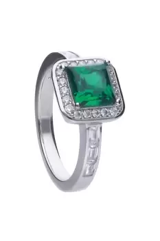 Sterling Silver Emerald Green Square Cubic Zirconia with Pave Set Surround Ring
