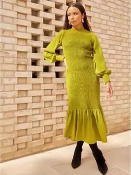 Chi Chi London Long Sleeve Shirred Maxi Dress In Green, Size 12, Women