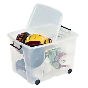 Strata Smart Box Clip On Folding Lid Carry Handles with Black Wheels 75 Litre Capacity Clear Single