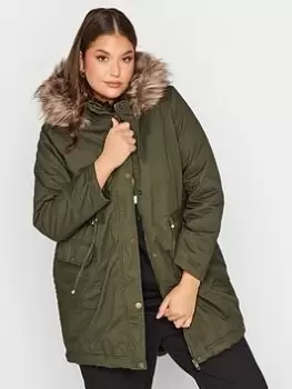 Yours Faux Fur Trim Hooded Parka - Khaki, Green, Size 16, Women