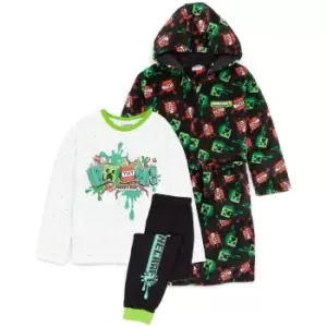 Minecraft Childrens/Kids Boom! Dressing Gown & Pyjama Set (8-9 Years) (White/Black/Green)