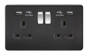 KnightsBridge 13A 2G Matt Black 2G Switched Socket with Dual 5V USB Charger Ports - Black Insert