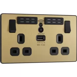BG Evolve Brushed (Black Ins) WiFi Extender Double Switched 13A Power Socket + 1X USB (2.1A) in Brass Steel
