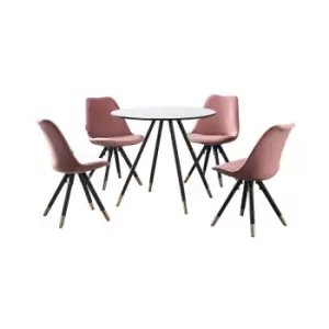 5 Pieces Life Interiors Sofia Dorchester Dining Set - a White Round Dining Table and Set of 4 Pink Dining Chairs - Pink