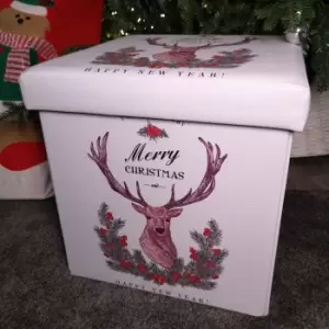 38cm Square Christmas Storage Box Seat with Padded Lid in Reindeer Design