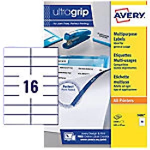 AVERY Multipurpose Labels 3484 UltraGrip White Self Adhesive A4 105 x 37mm 100 Sheets of 16 Labels