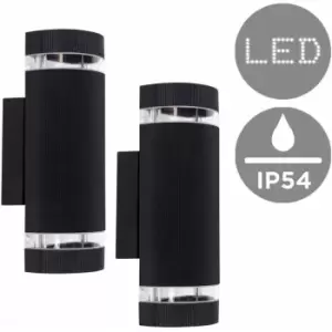 2 x Outdoor Ip54 Black Ribbed Glass Shade Wall Light Fittings - No Bulbs