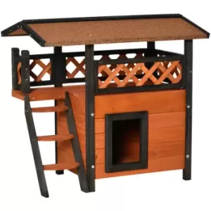 Cat House Outdoor Kitten Shelter Puppy Kennel w/ Balcony Stairs Roof - Pawhut