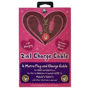 Dual Play & Charge 4m Cable with Unicorn Charm - Pink