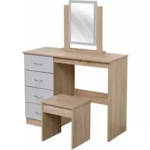 Dressing Table and Stool Set with 4 Drawers and Mirror Dresser Set Makeup Desk Bedroom,100x40.5x126.5cm(WxDxH) - Grey+Oak - Hmd Furniture