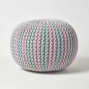 HOMESCAPES Pink and Blue Knitted Pouffe Striped Footstool 40 x 50cm - Pastel Blue & Pink