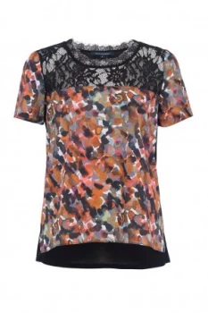 French Connection Eleanor Printed Crepe and Lace Top Multi Coloured