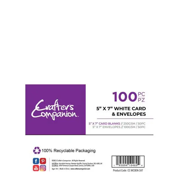 Crafter's Companion 5" x 7" Card Blanks & Envelopes White 250 GSM Pack of 50