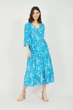 Blue Sealife Print Midi Dress
