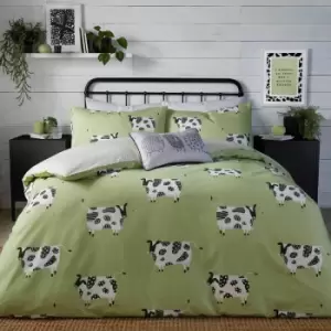 Fusion - Daisy Cow Print Easy Care Reversible Duvet Cover Set, Green, Double