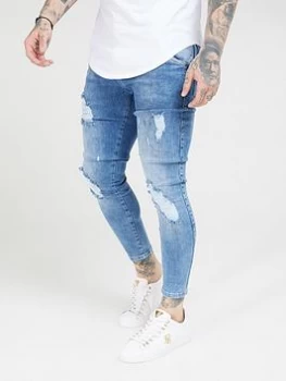 SikSilk Distressed Skinny Jeans, Midwash, Size L, Men