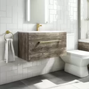 800mm Wood Effect Wall Hung Vanity Unit with Basin and Brushed Brass Handles - Ashford