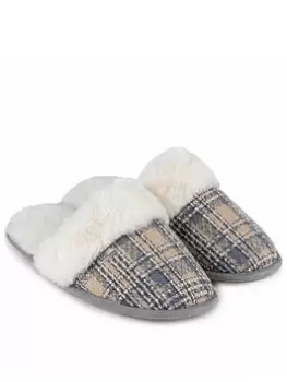TOTES Brushed Check Mule Slippers - Grey, Size 7-8, Women