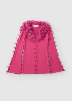 House of Sunny Womens Laced Peggy Fluffy Collar Cardigan In Kelly Pink