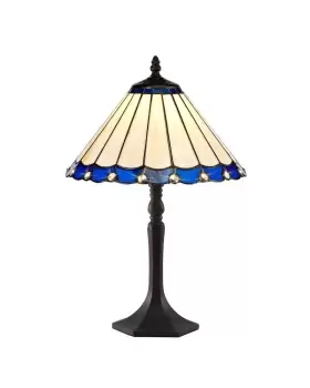1 Light Octagonal Table Lamp E27 With 30cm Tiffany Shade, Blue, Crystal, Aged Antique Brass