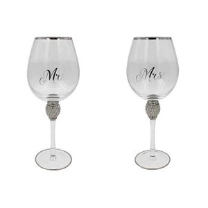 Mr&Mrs Diamante Wine Glass Silver By Lesser & Pavey