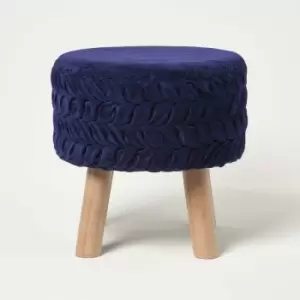 HOMESCAPES Lyla Blue Pleated Velvet Footstool, 40cm Tall - Blue