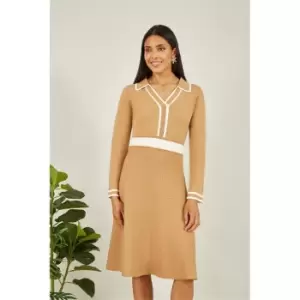 Yumi Camel Contrast Collar Knitted Dress - Beige