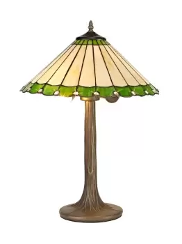 2 Light Tree Like Table Lamp E27 With 40cm Tiffany Shade, Green, Crystal, Aged Antique Brass