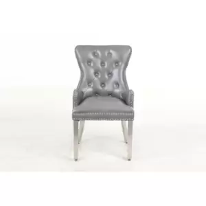 2 x Rebecca Leather Aire Dining Side Chairs Button Tufted in Grey with Chrome Nail heads, Legs and Chrome Knocker on the back, Modern Transitional