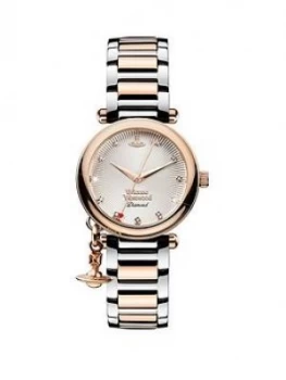 Vivienne Westwood Orb Diamond Rose Gold Textured and Diamond Set Dial with Charm Two Tone Stainless Steel Bracelet Ladies Watch, One Colour, Women