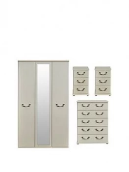 Swift Broadway Part Assembled 4 Piece Package - 3 Door Mirrored Wardrobe, 5 Drawer Chest And 2 Bedside Chests